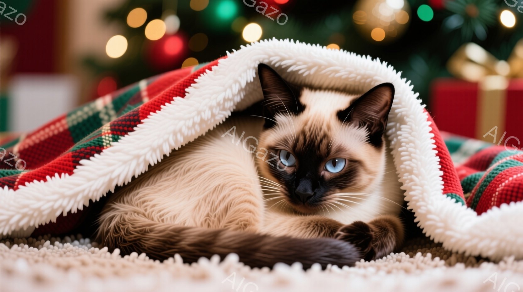 シーマ模様の猫が、赤い格子柄の毛布に包まれてリラックスして横たわっています。その青い瞳はカメラを見つめ、穏やかでわずかに好奇心に満ちた表情をしています。背景にはぼやけたクリスマスツリーとプレゼントの箱が見え、暖かくお祝いムードが漂っています。