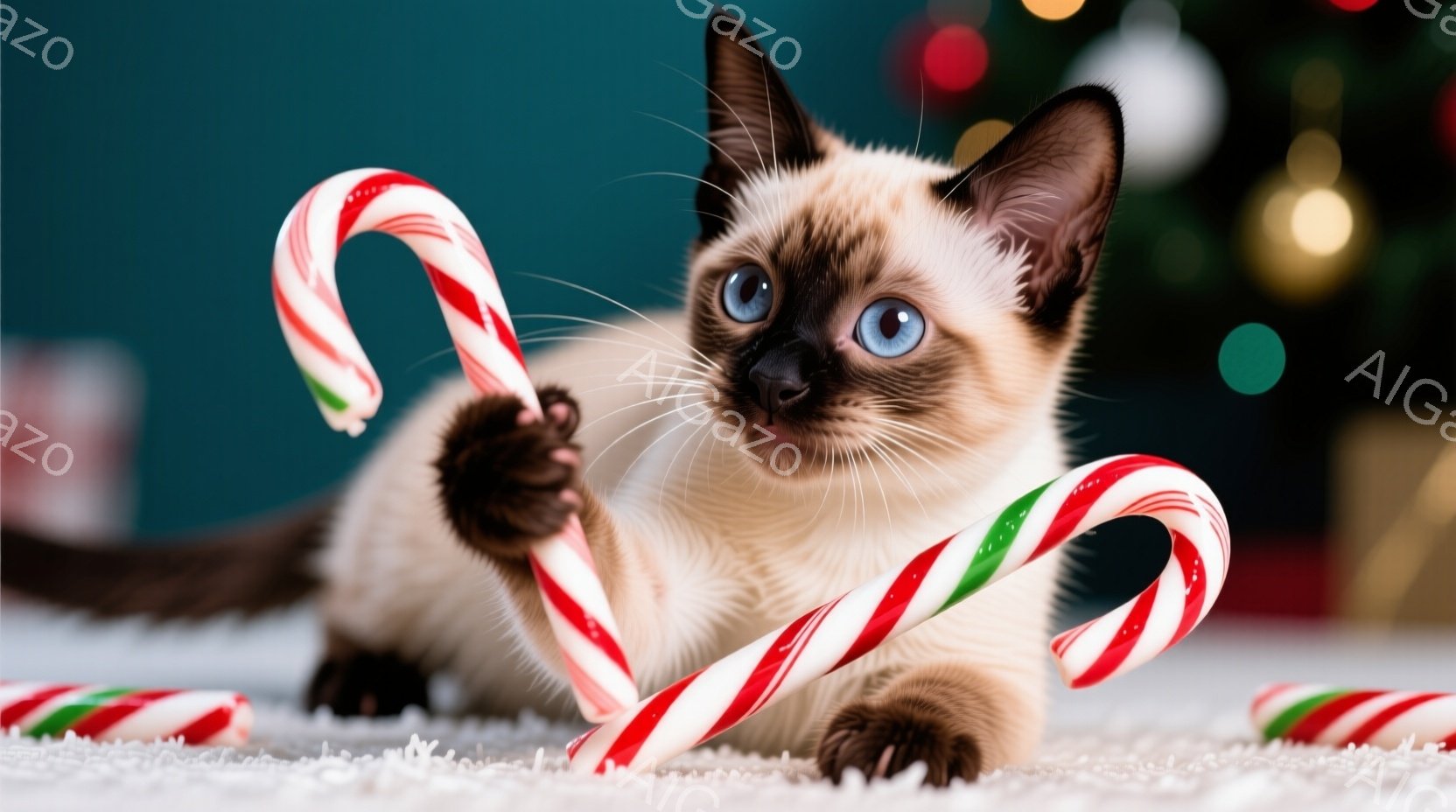 クリーム色の毛並みとポイントカラーの茶色い耳を持つシャム猫が、床に散らばった赤と緑のキャンディケーンに囲まれ、前足で一つを抱えています。猫は青い目を輝かせ、少し上目遣いでこちらを見ており、遊び心に満ち - AI生成フリー素材