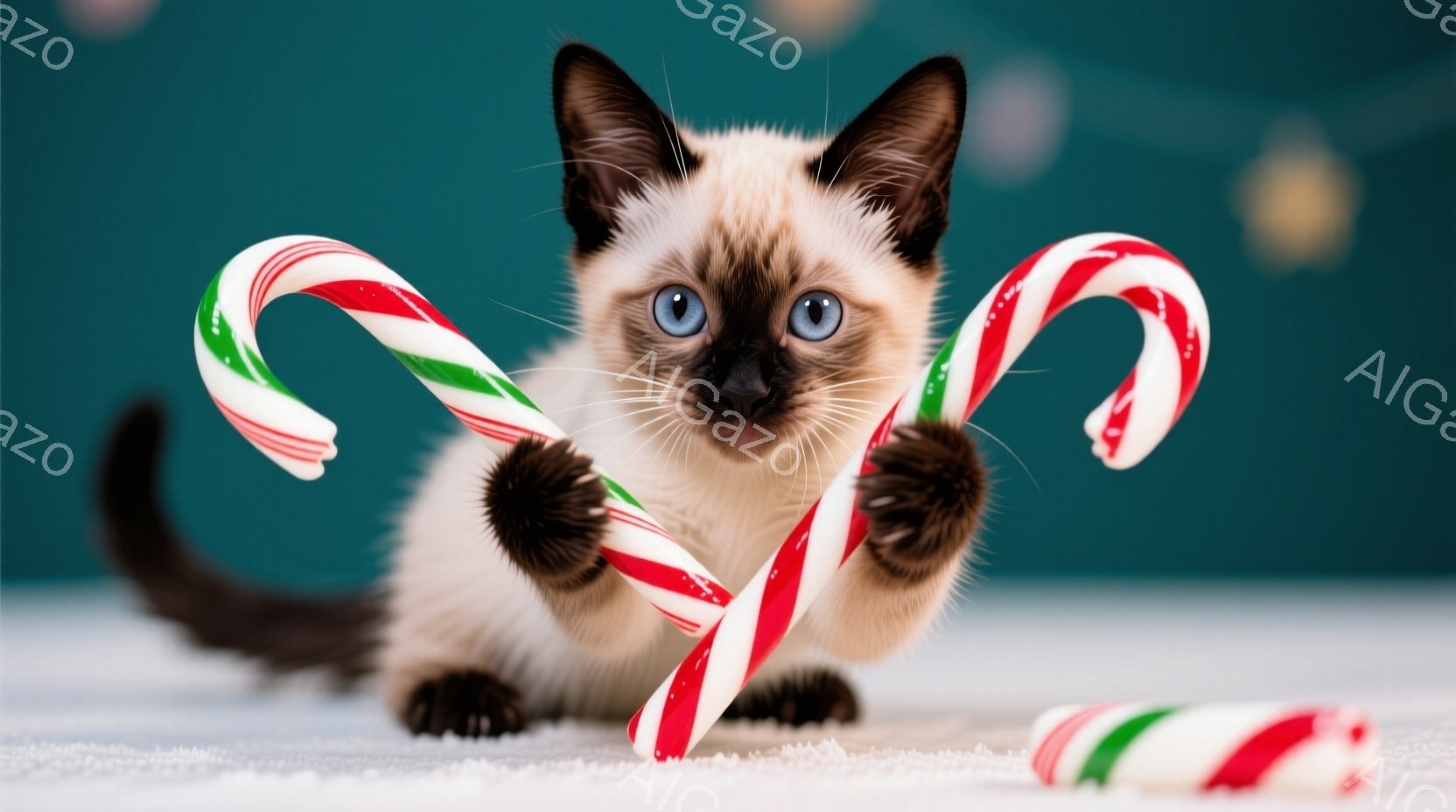シーマーズ猫が、鮮やかな赤と緑のキャンディケーンを前足で抱え、カメラの方へ向かって歩き出している様子が写っている。背景はターコイズブルーで、ぼやけた光のぼんやりとした輪郭が見え、雪のような白い表面が猫の周りに広がっている。全体的に、遊び心があり、お祝いムードを醸し出す、可愛らしい雰囲気の写真である。