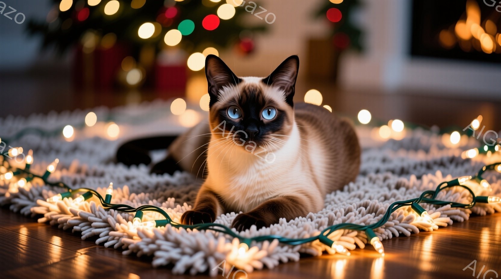 シーマルーの猫がフワフワの白いカーペットの上に横たわっており、周囲にはカラフルなクリスマスライトが飾られています。猫は薄い茶色の毛並みで、青い目を持ち、リラックスした表情で正面を見つめています。背景に - AI生成フリー素材