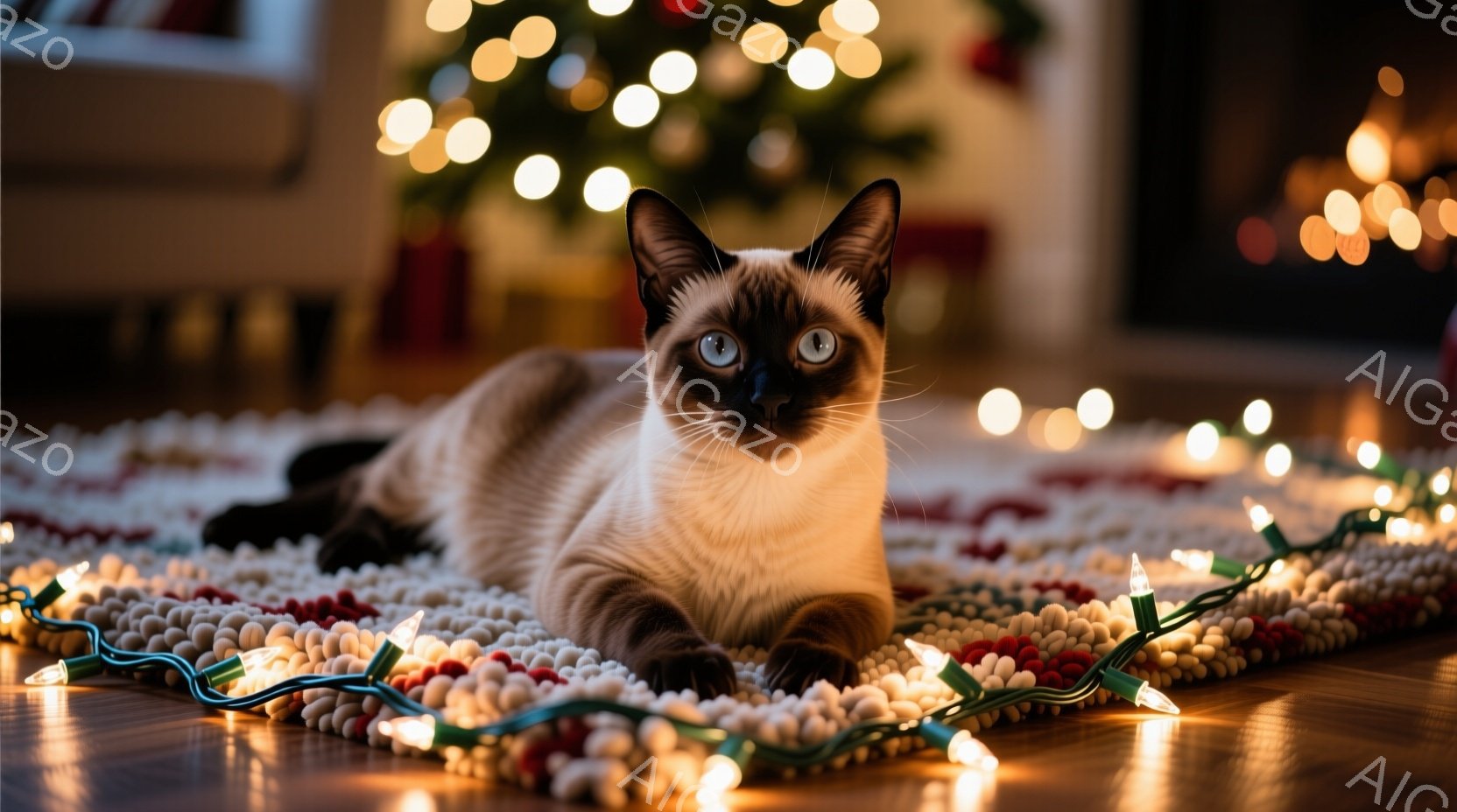 白と茶色のシャム猫が、赤い、白い、緑のドット模様の絨毯の上でリラックスして横たわっています。猫はカメラの方を見ており、穏やかで好奇心旺盛な表情をしています。背景には、ぼやけたクリスマスツリーとキラキラと輝く電飾が散りばめられ、温かく居心地の良い雰囲気を醸し出しています。