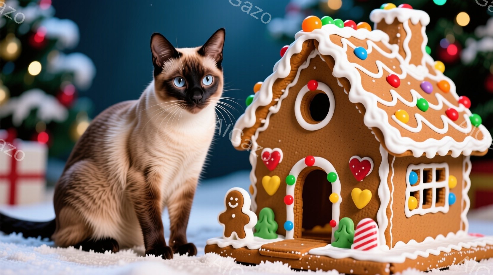 シーマル猫が白い雪の上に座っており、その隣にはカラフルなアイシングで飾られたジンジャーブレッドハウスが置かれています。猫は正面を見つめ、青い瞳が印象的で、リラックスした姿勢で座っています。背景にはぼや - AI生成フリー素材