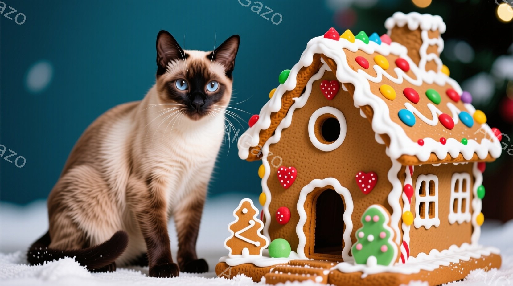 シャム猫が雪の積もった地面に座り、正面を見つめています。その隣には、カラフルなキャンディやクッキーで飾られたジンジャーブレッドハウスが置かれています。背景にはぼやけた緑色のクリスマスツリーが見え、全体 - AI生成フリー素材
