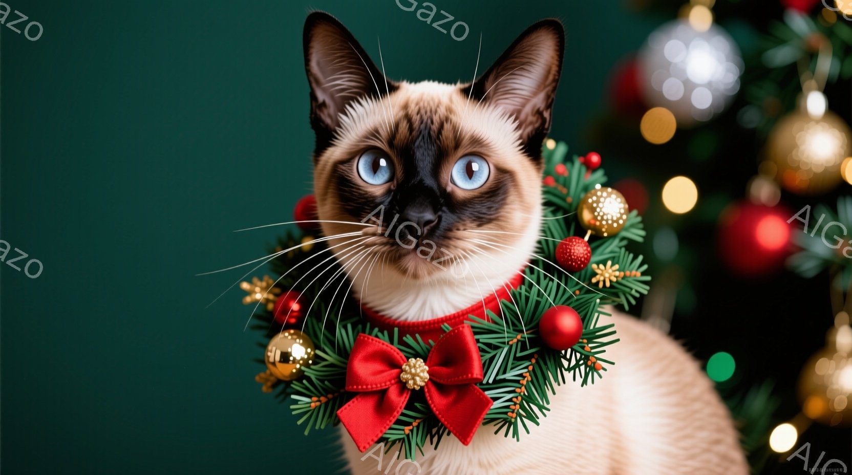 シーマル猫がクリスマスのガーランドを首につけて正面を見つめています。猫は落ち着いた表情で、美しいブルーの瞳が印象的です。背景にはぼやけたクリスマスツリーの飾りが見え、暖かく華やかなクリスマスの雰囲気を - AI生成フリー素材