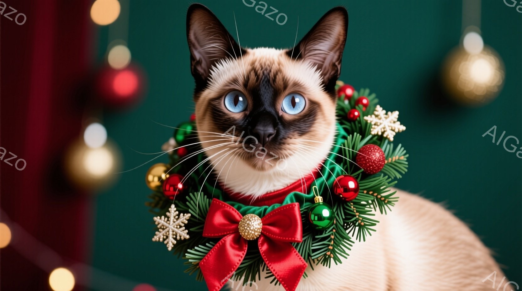 シーマン猫がクリスマス風の首輪をつけて正面を見つめている。猫は明るいクリーム色の毛並みで、ポイントカラーが特徴的だ。背景にはぼやけたクリスマスオーナメントの光が散りばめられ、暖かくお祝いの雰囲気を作り出している。