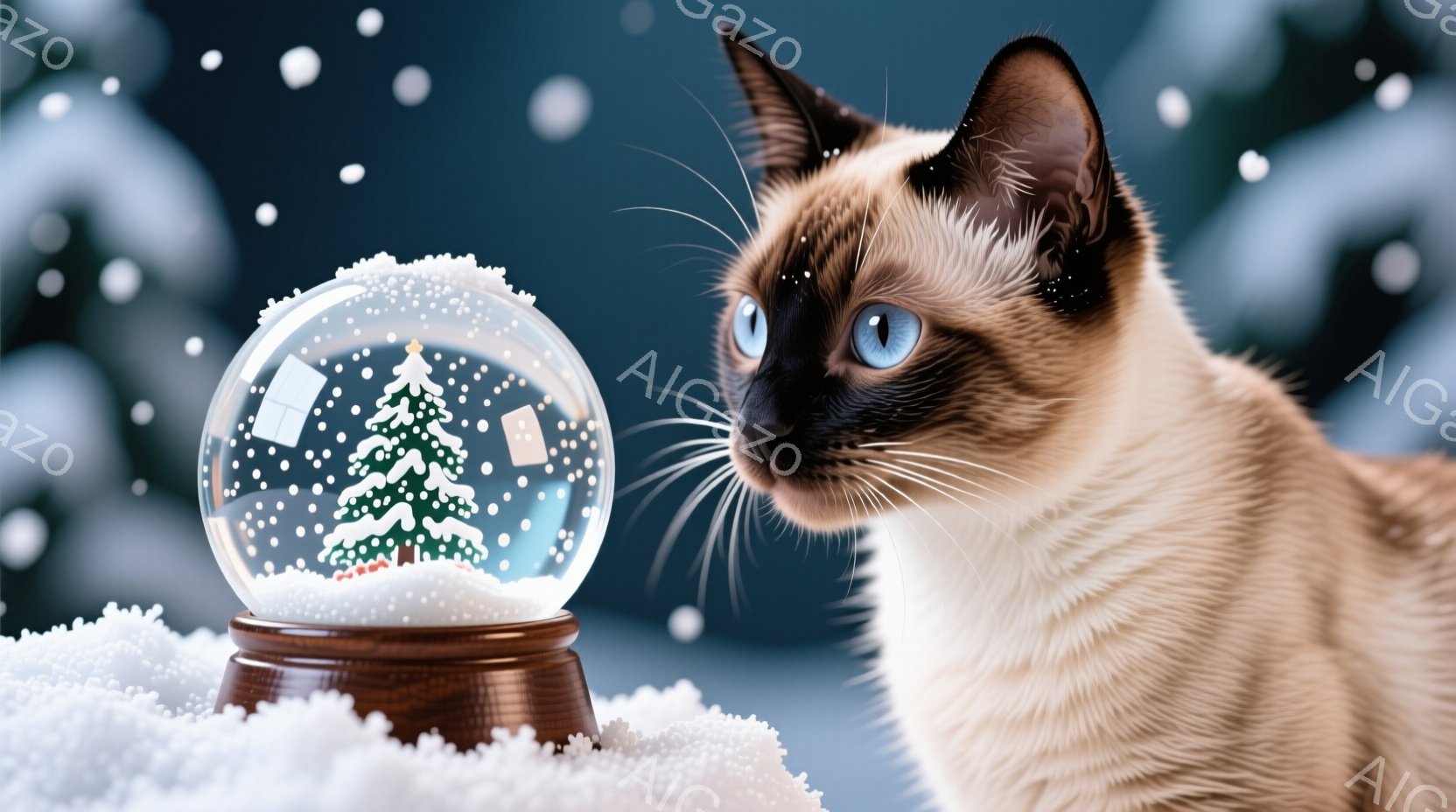 シーラーミックス猫が雪景色の中に佇み、クリスマスのオーナメントであるスノーグローブを見つめている。スノーグローブの中には小さなクリスマスツリーが雪と共に揺れている様子が描かれており、猫の青い瞳と雪景色が美しいコントラストをなしている。全体的に静かで幻想的な冬の雰囲気が漂っている。