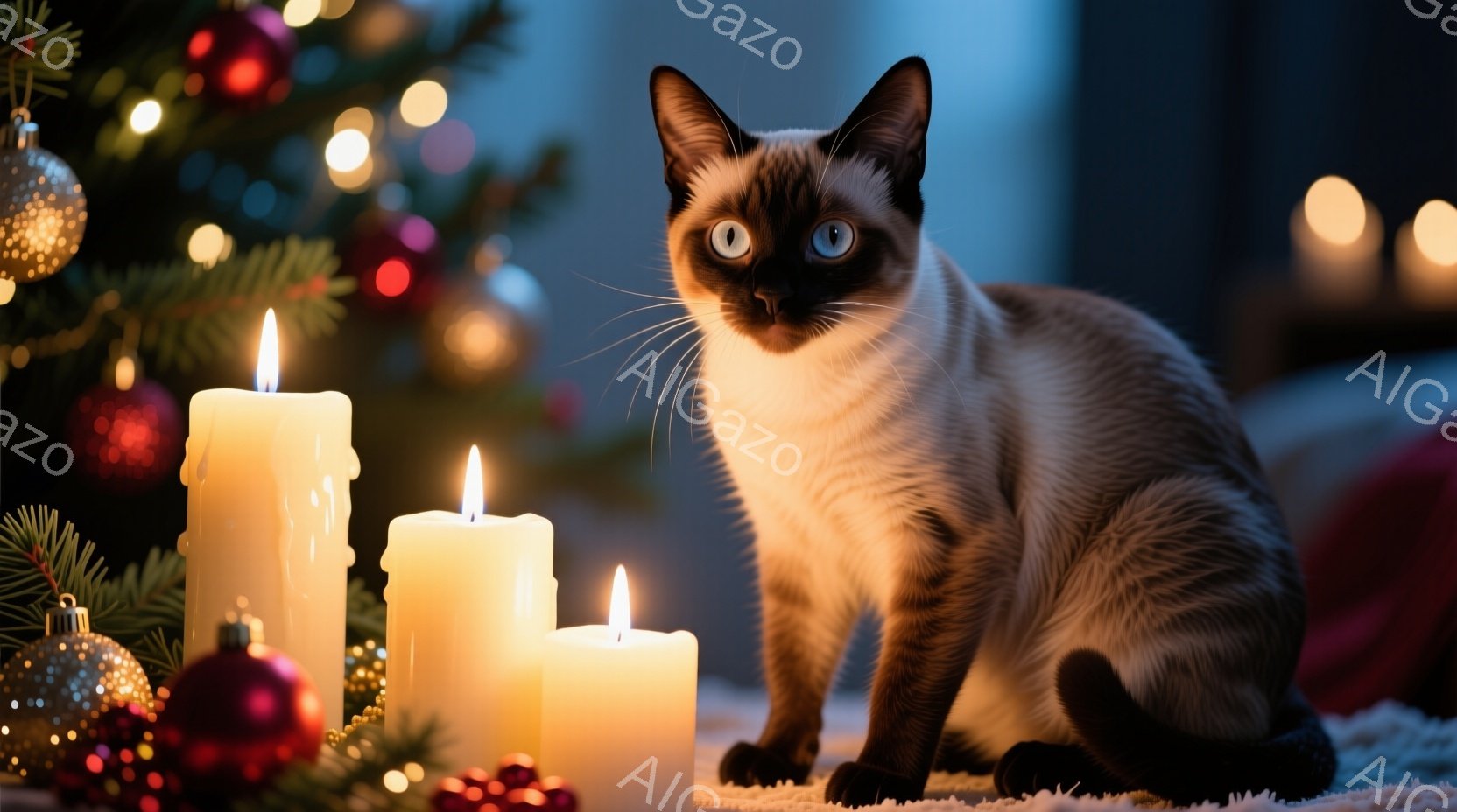 シーマ模様の猫が、明るく輝くキャンドルのそばに座っています。背景には、ぼやけたクリスマスツリーと装飾が映り込み、暖かく幻想的な雰囲気を醸し出しています。猫は正面をまっすぐ見つめ、少し好奇心と警戒心を抱 - AI生成フリー素材