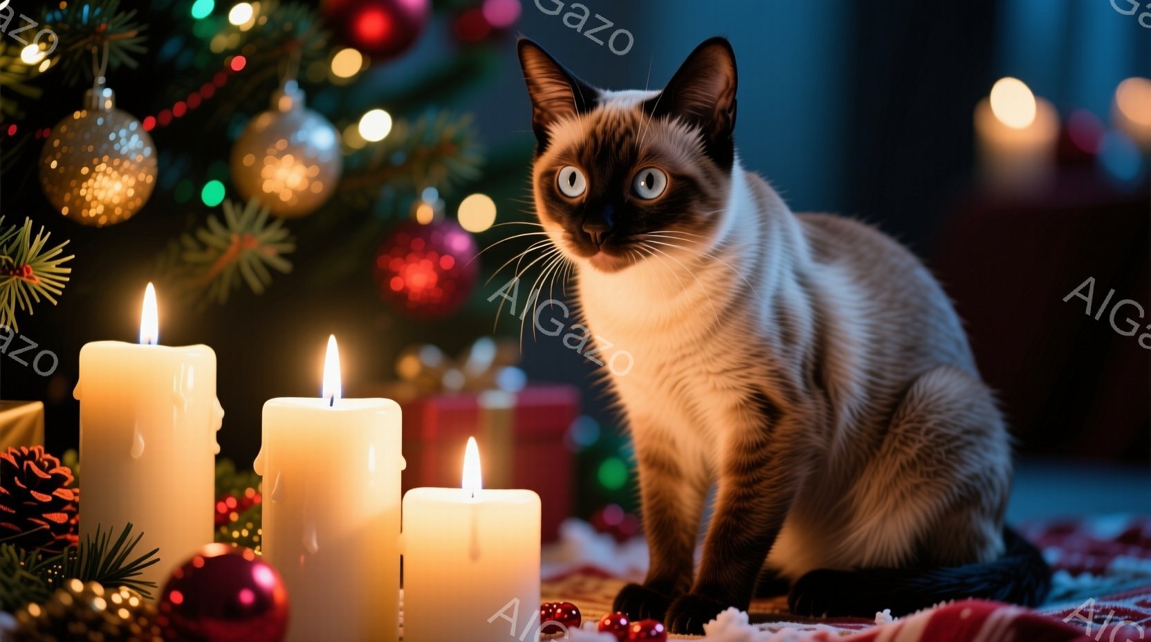 シーマーズ猫がクリスマスの装飾の前で座っています。背景には、輝く電飾とオーナメントで飾られたクリスマスツリーが見え、暖かく、お祝いの雰囲気を醸し出しています。テーブルの上には、点灯したキャンドルと赤い実が置かれ、猫の周りを明るく照らしています。