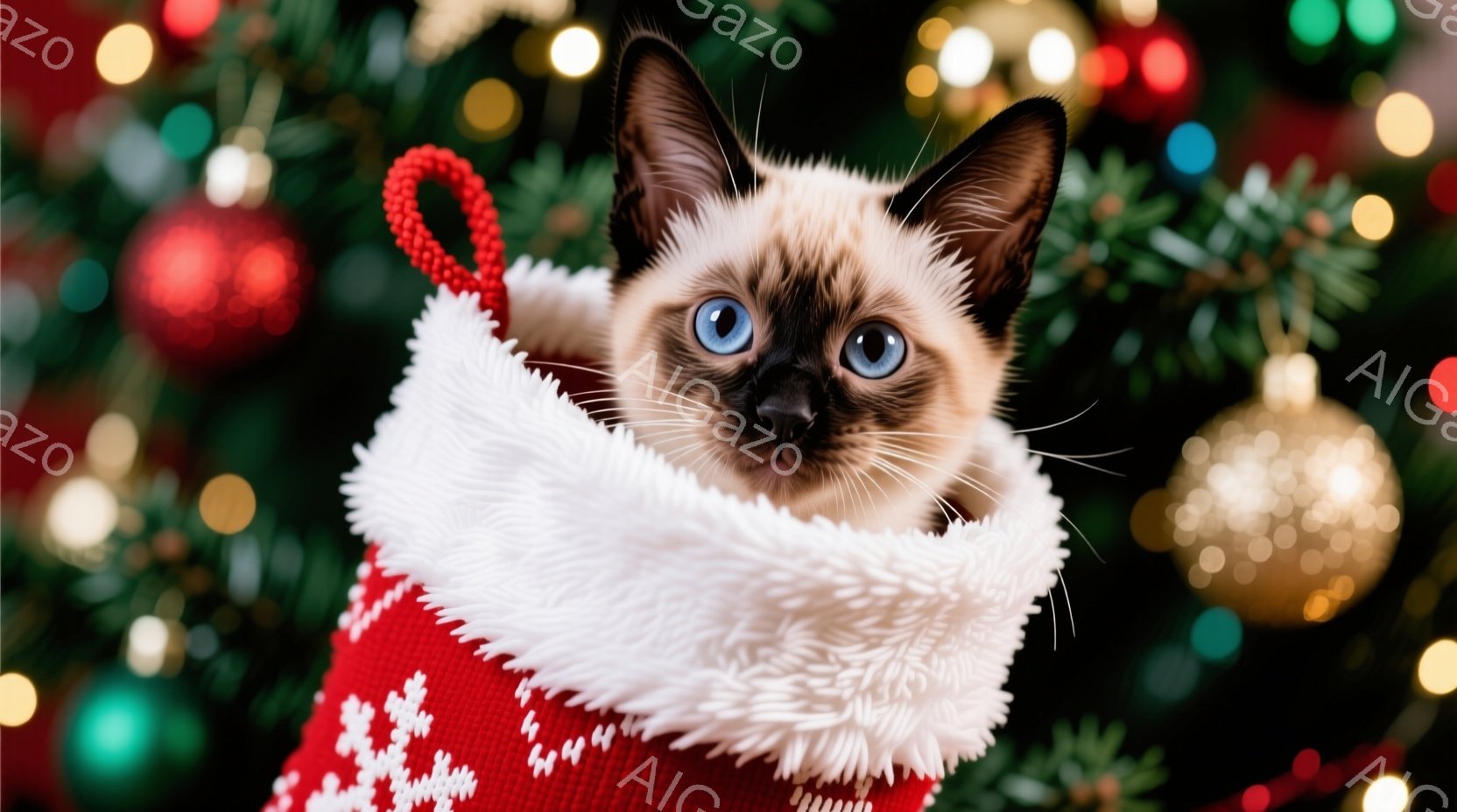 シベリアンハスキーのような毛並みの猫が、赤いクリスマスストッキングの中に顔を出しています。猫は青い目をしており、少しいたずらっぽい表情でこちらを見ています。背景には、ぼやけたクリスマスツリーのオーナメ - AI生成フリー素材