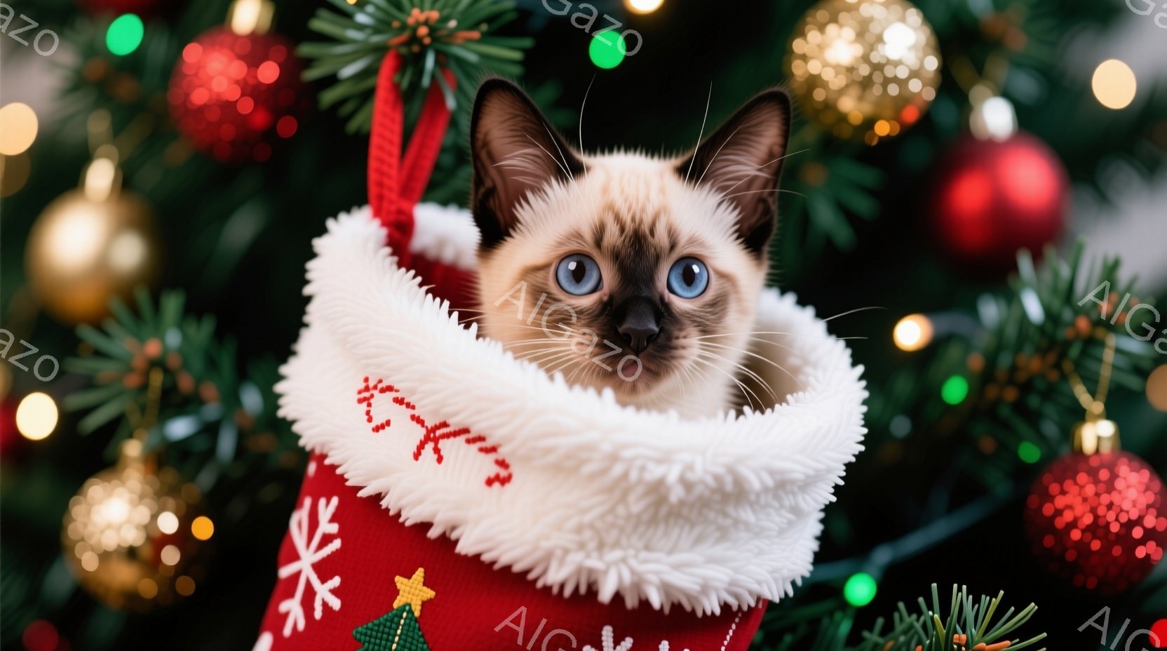 シーマーズの子猫が赤いクリスマスストッキングの中に座っており、好奇心と少しの戸惑いが入り混じった表情をしています。ストッキングは白いファーで縁取られ、緑色のクリスマスツリーと赤いオーナメントに囲まれています。背景はぼかされており、温かくお祝いの雰囲気を醸し出しています。