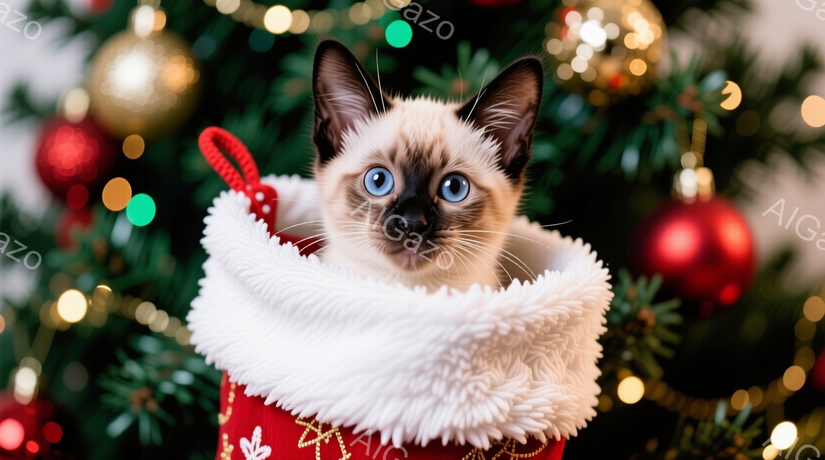 シナモンカラーのシャム猫が、赤いクリスマスストッキングの中に座ってこちらを見つめています。猫は大きな青い目をしており、少しいたずらっぽい表情を浮かべています。背景には緑色のクリスマスツリーとぼやけた光 - AI生成フリー素材