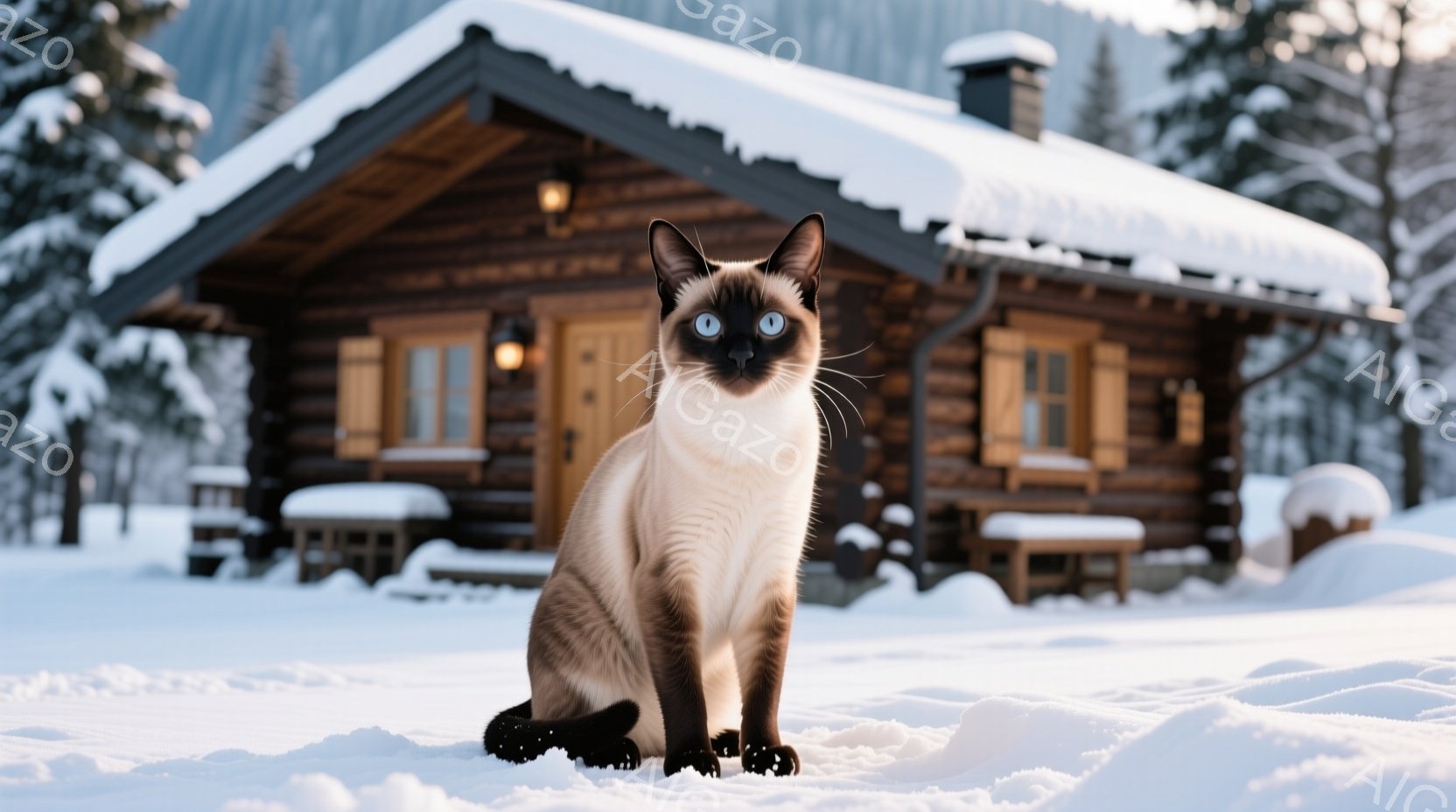 シベリアンブルーの目を輝かせるシャム猫が、雪原に座って正面を見つめている。背景には雪に覆われた丸太小屋があり、暖炉の煙突から煙が立ち上っている。全体的に、冬の静寂と、猫の凛とした美しさが感じられる穏や - AI生成フリー素材