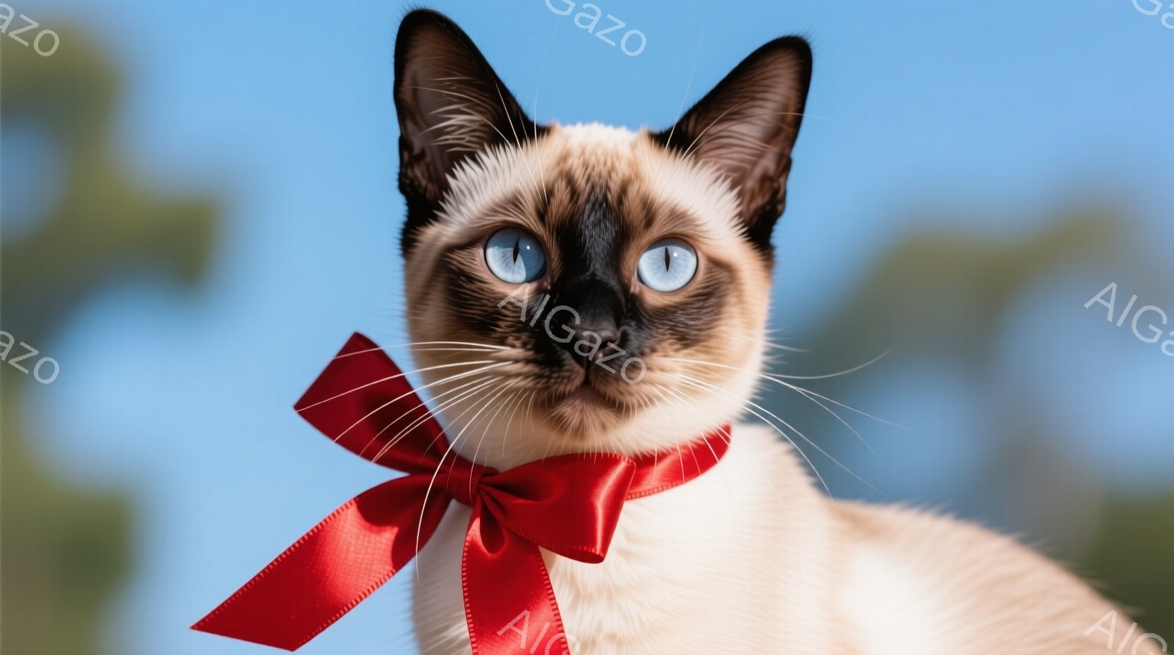 この猫は、クリーム色の毛並みと濃い茶色の顔を持つ美しいシャム猫で、赤いリボンを首に巻いています。猫は正面を見ており、その青い目は非常に印象的で、少しいたずらっぽい表情をしています。背景は緑の葉がぼやけ - AI生成フリー素材
