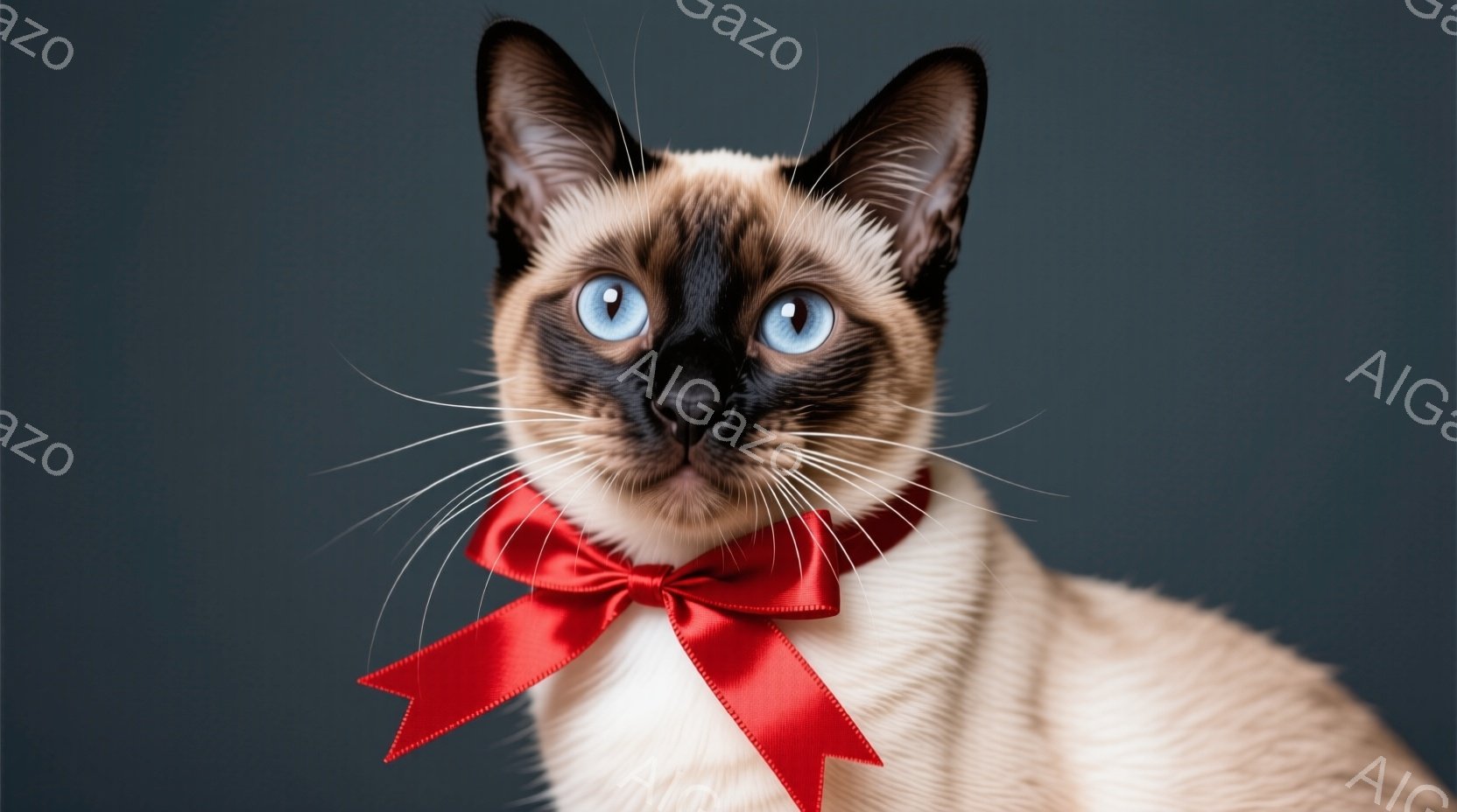 シーマ猫が、鮮やかな赤いリボンを首に巻き、正面を見つめている。その目は深く青く、毛並みはクリーム色と茶色のコントラストが美しい。背景は落ち着いたグレーで、猫の姿を際立たせ、上品で洗練された雰囲気を醸し出している。