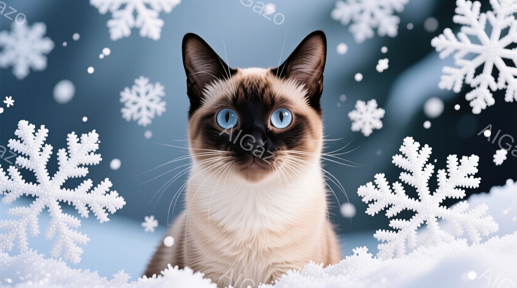 シーマの猫が雪の背景に映っている。青い瞳が印象的で、茶色の毛並みと白い胸元が美しい。背景には雪片が舞い、冬の静かで幻想的な雰囲気を醸し出している。