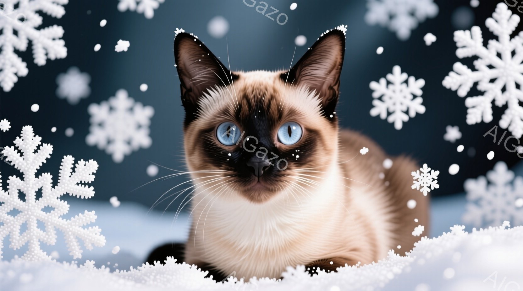 シーマル猫が雪の降る背景を前に、正面を見ています。その猫は、明るいクリーム色の体毛と、濃い茶色の顔と耳を持ち、鮮やかな青い目が印象的です。背景には雪片が舞い、冬の静かで幻想的な雰囲気を醸し出しています - AI生成フリー素材