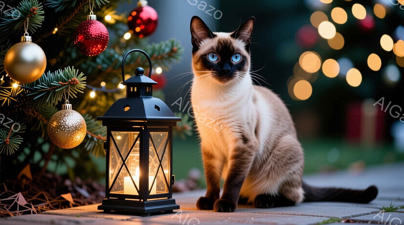 シーマル猫が、クリスマスの飾り付けられたモミの木と灯篭の前に座っています。猫は明るい青い目を持ち、前方をまっすぐ見て、リラックスした姿勢で座っています。背景にはぼやけたクリスマスツリーの光が輝き、温か - AI生成フリー素材
