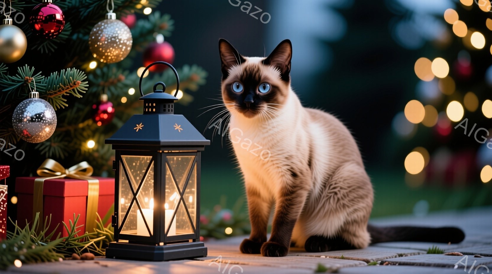 シーマル猫がクリスマスツリーの足元に座り、正面を見つめています。背景には、赤いギフトボックス、点灯したランタン、そしてぼやけたクリスマスツリーの飾りが見え、暖かくお祝いムードに満ちています。猫の青い瞳 - AI生成フリー素材