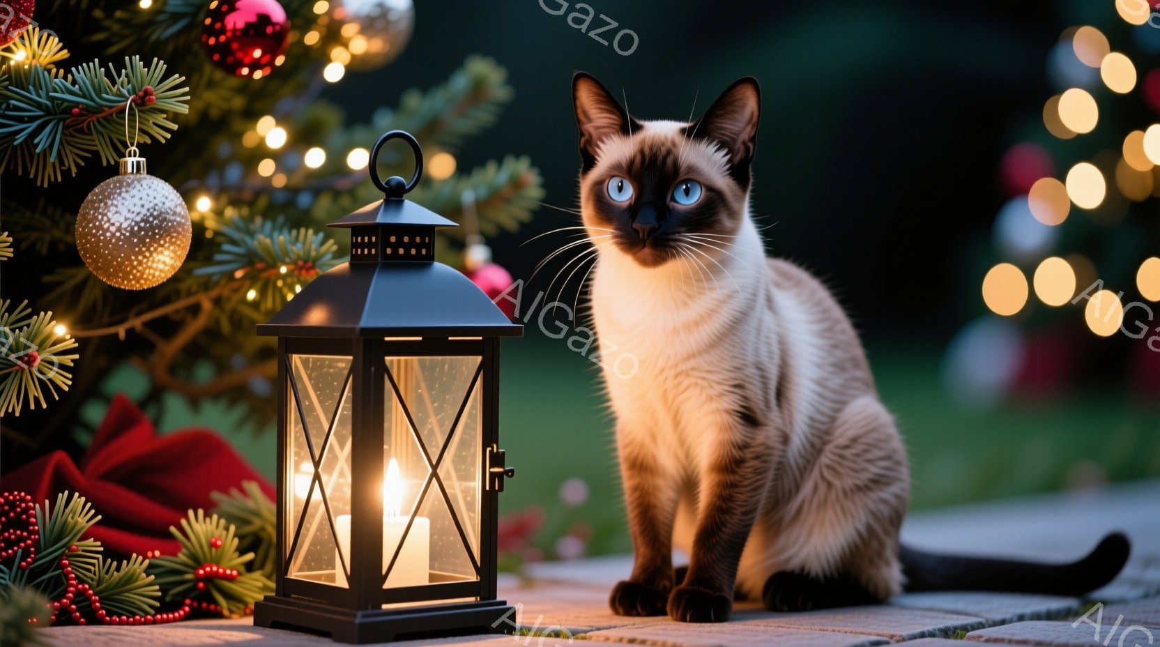 シーマ猫がコンクリートの床に座り、正面を見つめている。背景にはクリスマスツリー、赤い布、そして灯りがともったランタンがあり、暖かく穏やかなクリスマスの雰囲気を醸し出している。猫の澄んだ青い瞳と、背景のぼかしが、このシーンの奥行きと美しさを強調している。