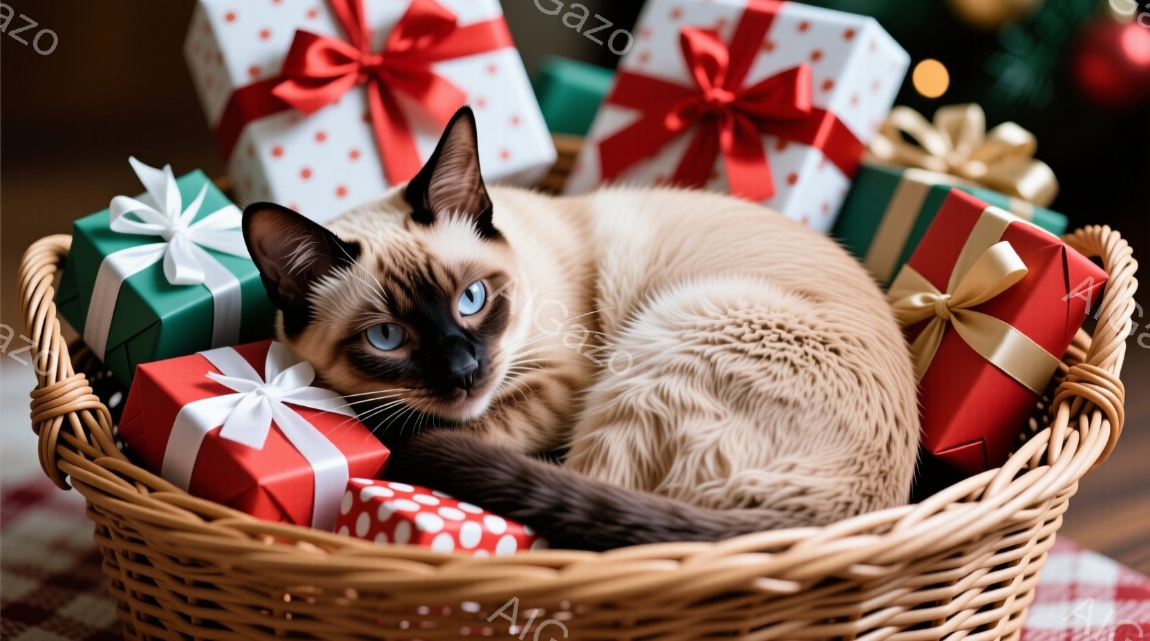 シーマル猫が、クリスマスプレゼントでいっぱいの籐の籠の中に丸まって横になっています。猫は青い目を持ち、リラックスした表情でカメラを見つめています。背景には、ぼやけたクリスマスツリーと赤いチェックの布が - AI生成フリー素材