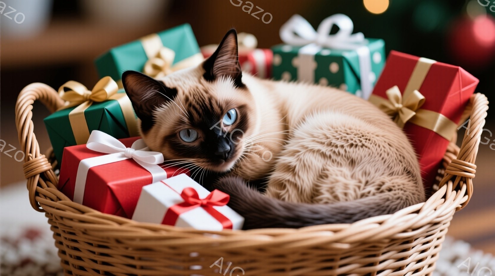 シーマル猫が、プレゼントの箱でいっぱいのバスケットの中で丸まって眠っています。猫は明るいブルーの目をしており、リラックスした表情で、毛並みはクリーム色と茶色の美しいグラデーションです。背景にはぼやけた - AI生成フリー素材