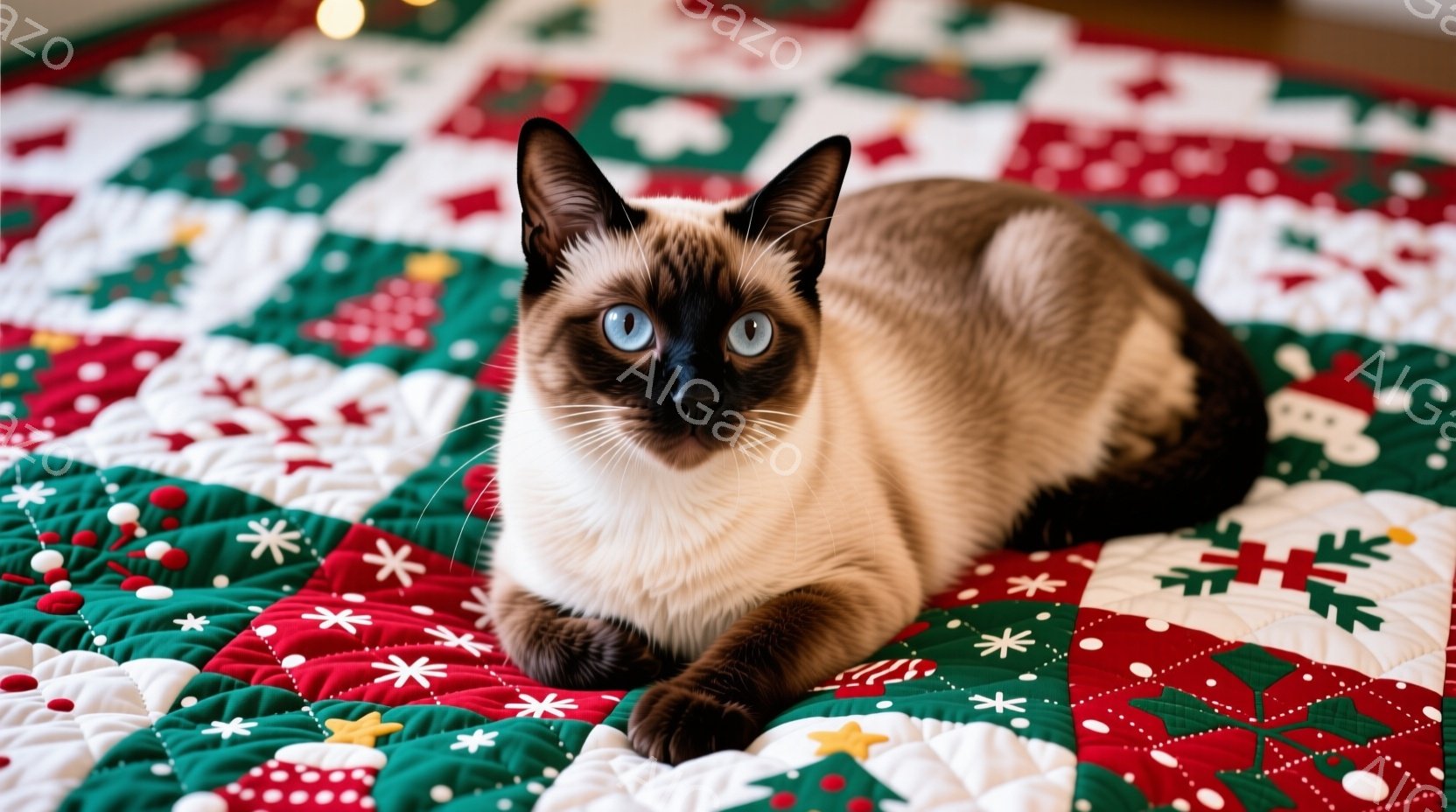 クリーム色の背景に緑と赤のクリスマス柄のキルトの上に、シャム猫が横たわっています。猫は鋭い青い目をしており、リラックスした様子でカメラの方を見ています。全体的に、暖かく、お祝いの雰囲気が漂う写真です。 - AI生成フリー素材