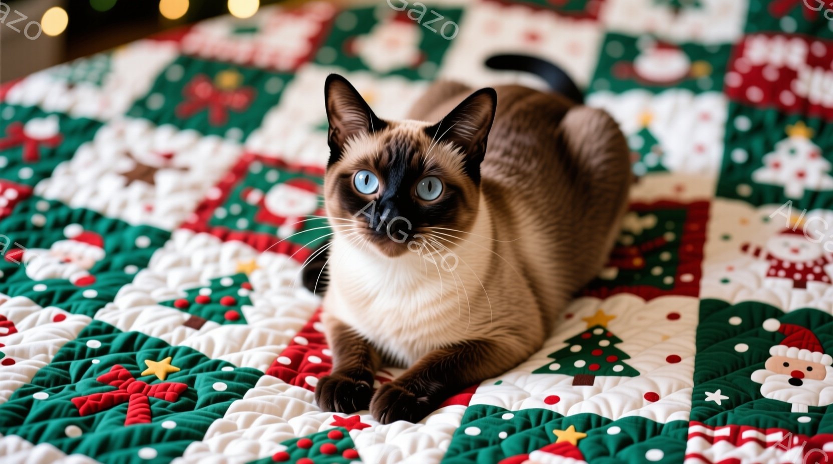 シーマル猫が赤い背景のキルトの上に横たわっています。猫は明るい青い目をしており、リラックスした表情で正面を見つめています。背景のキルトには、クリスマスツリーやサンタクロースなどのモチーフが散りばめられており、季節感を演出しています。
