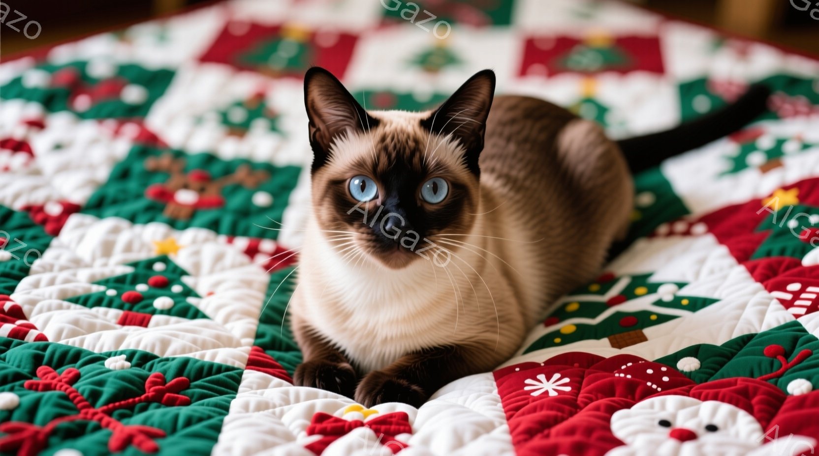 シャム猫が赤い背景のキルトの上に横たわっています。猫は美しい青い目を持ち、まっすぐカメラを見つめています。キルトはクリスマスをテーマにしたパッチワークで、緑のクリスマスツリーと赤いサンタクロースのモチーフが散りばめられています。