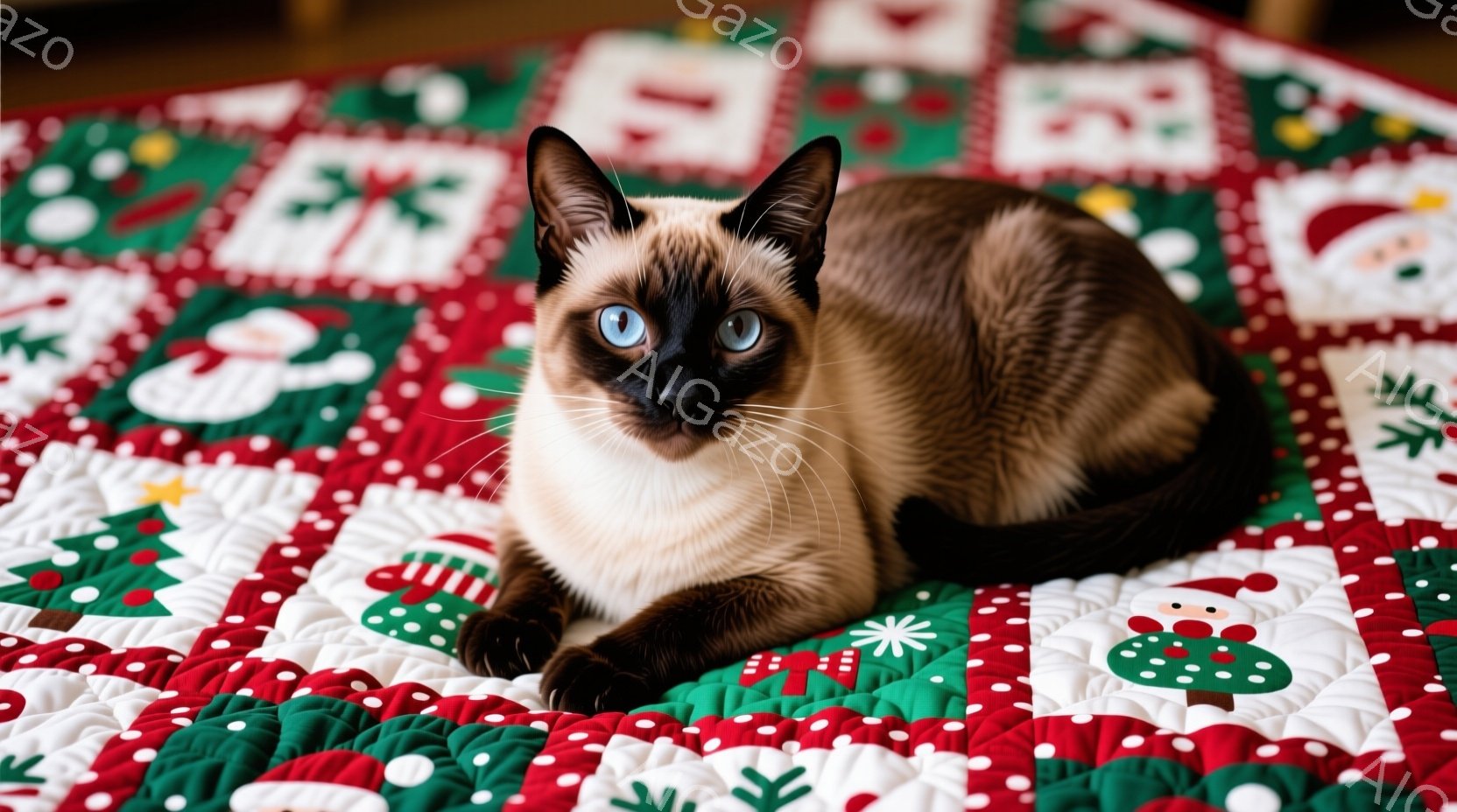 シーマルーターの猫が、赤い背景にクリスマスのモチーフが縫い付けられたキルトの上に横たわっています。猫は明るい青い目をしており、リラックスした表情でカメラを見つめています。キルトは、クリスマスツリーやサンタクロースなどの柄で飾られ、暖かく、お祝いの雰囲気を醸し出しています。