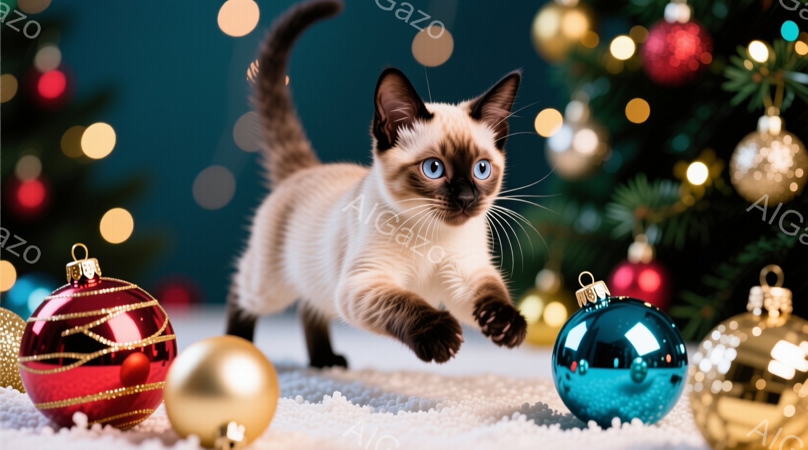 シナモン色の毛並みを持つ子猫が、白いふわふわした表面の上に飛びかかっている姿が描かれています。背景には、ぼやけたクリスマスツリーと輝くオーナメントが配置され、子猫の周りには赤、青、金のオーナメントが散 - AI生成フリー素材