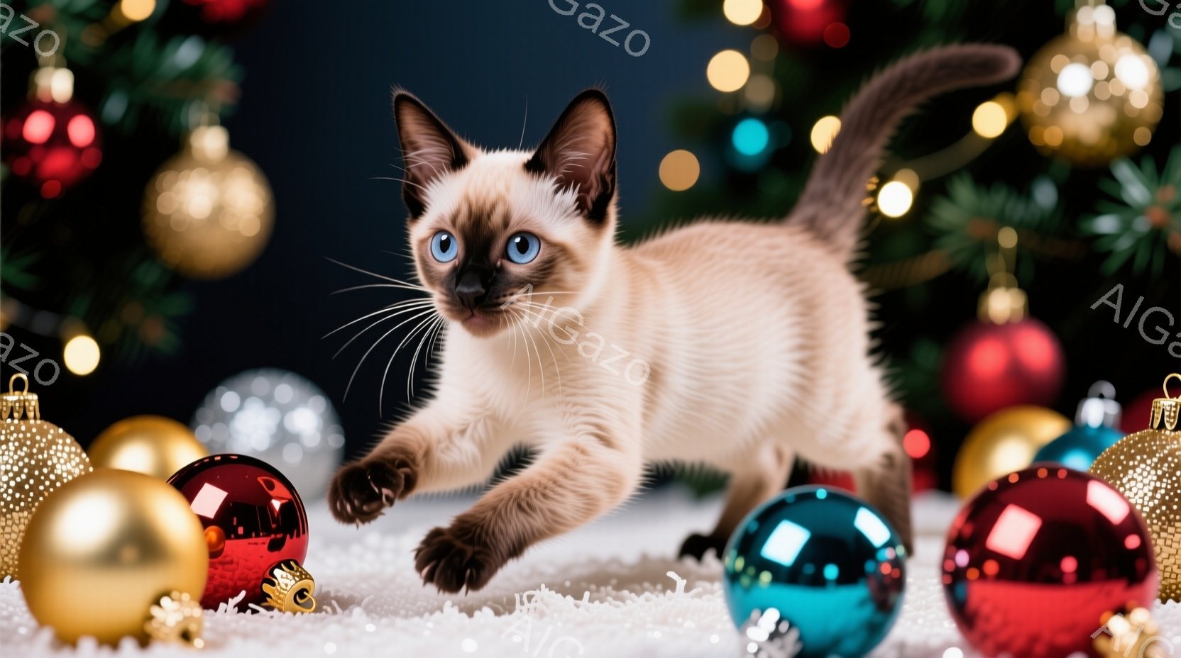 シーマル猫が白いふわふわした地面の上を勢いよく走り、遊び心に満ちた表情で前足を伸ばしています。背景には、キラキラと輝く様々な色のクリスマスオーナメントが散りばめられており、クリスマスの華やかな雰囲気を - AI生成フリー素材