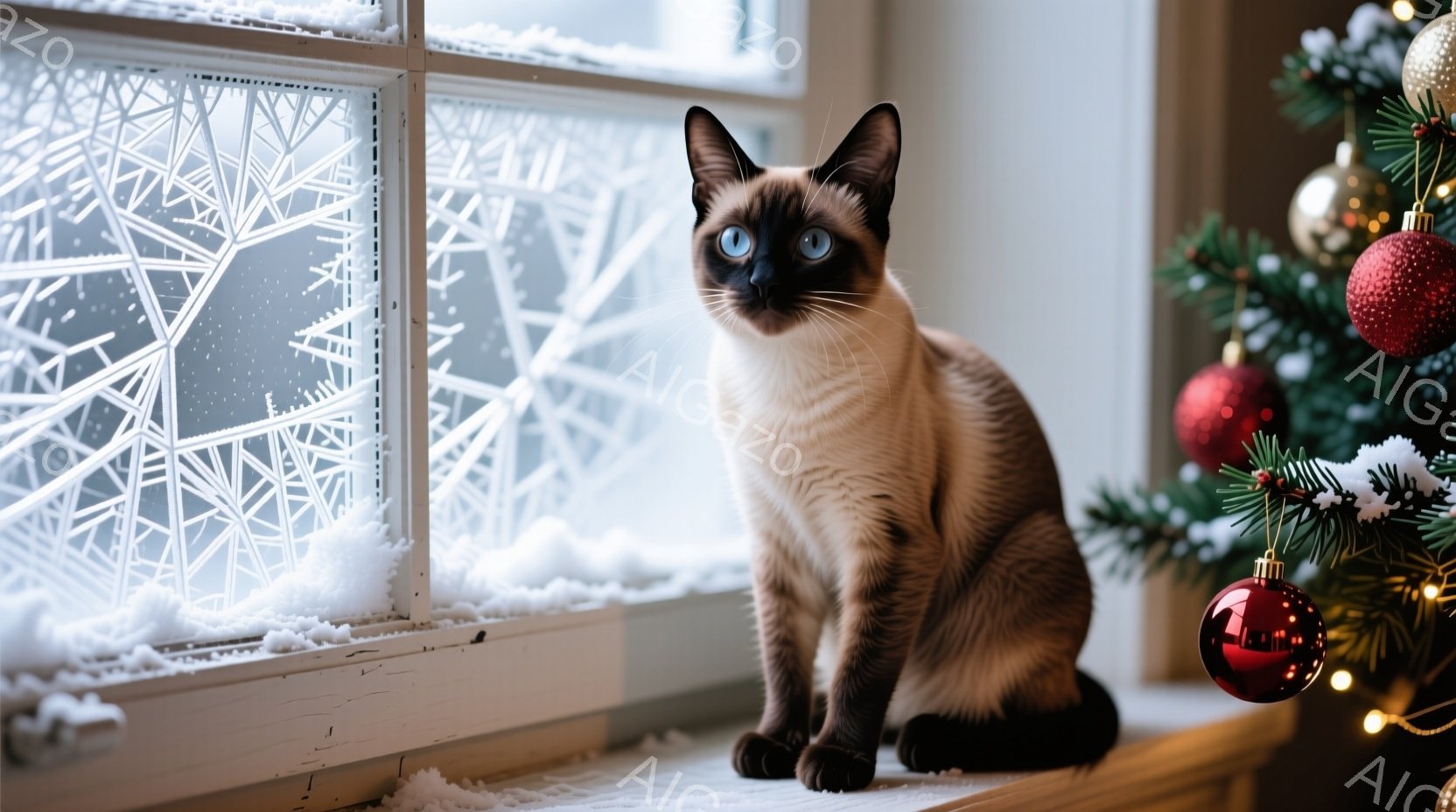 シーラムカラーの猫が窓辺に座り、外の雪景色を見つめている。窓には雪の結晶のような模様が描かれており、背景にはクリスマスツリーが飾られている暖炉が見える。猫は落ち着いた表情で、冬の穏やかな雰囲気を醸し出 - AI生成フリー素材
