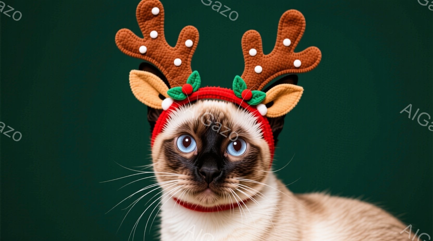 シーマル猫が、赤いヘッドバンドにトナカイの角が付いたものを着用し、カメラの正面を見つめています。その表情は少し驚いたようで、青い瞳が印象的です。背景は深い緑色で、猫の毛色と対照的で、お祭りやクリスマスの雰囲気を醸し出しています。