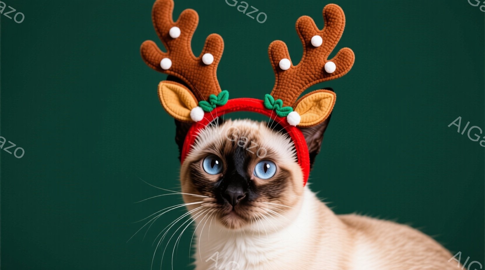 シーマル猫が赤いヘッドバンドにトナカイの角をつけて正面を見つめている。青い瞳が印象的で、少し警戒したような表情をしている。背景は濃い緑色で、猫の毛色と対照的になっている。