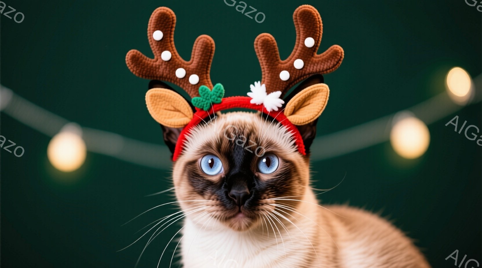 シーマーズと呼ばれるタイ猫が、赤いヘッドバンドに鹿の角が付いたものを身に着けて正面を見つめている。青い瞳が印象的で、どこか憂いを帯びた表情をしている。背景は深い緑色で、ぼやけた光の帯が飾られており、クリスマスの雰囲気を醸し出している。