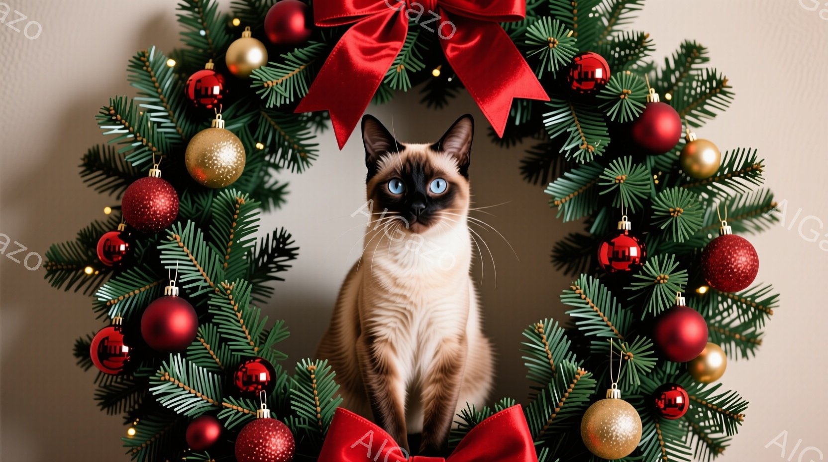 シベリアンハスキーのような毛並みの猫が、クリスマスリースの中央に座っています。猫は落ち着いた表情で正面を見つめており、鮮やかな青い目が印象的です。背景はシンプルな白い壁で、クリスマスのオーナメントで飾られた緑のリースが猫を引き立てています。