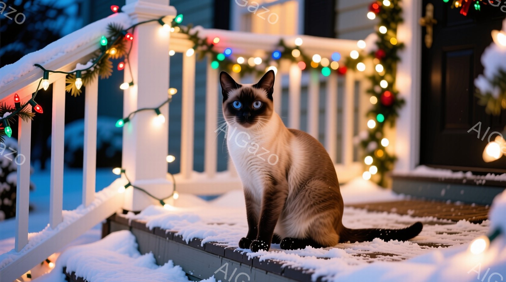 シナモン色の毛並みにポイントで濃い茶色の耳と足を持つシャム猫が雪の積もった家の外階段に座っています。猫は正面を見ており、落ち着いた表情で、少し好奇心旺盛な様子です。背景にはクリスマスイルミネーションが - AI生成フリー素材