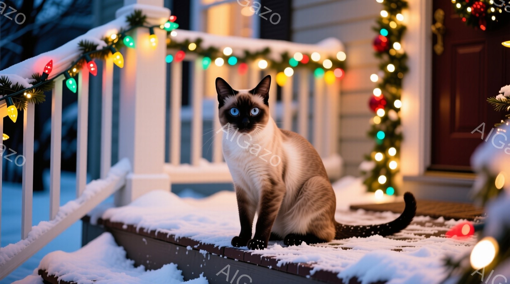 白と茶色のシャム猫が雪に覆われた家の階段に座っています。その猫はまっすぐ前を見ており、鮮やかな緑色の目と、優雅でリラックスした姿勢が特徴です。背景にはクリスマスの飾り付けが施された家があり、冬の暖かく穏やかな雰囲気を醸し出しています。