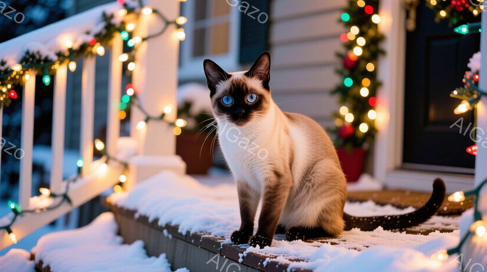 シーマル猫が雪に覆われた家の外のステップに座っています。猫は正面を見ており、青い瞳が印象的です。背景にはカラフルなイルミネーションが飾られた玄関や植物があり、冬の温かい雰囲気を醸し出しています。 - AI生成フリー素材