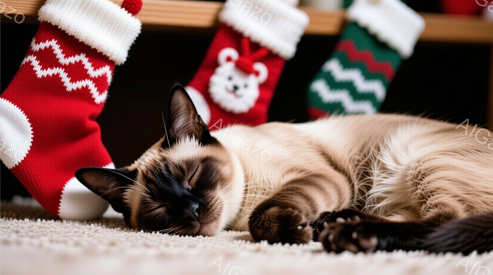 シーマ猫が白い毛布の上に横たわって眠っており、目は閉じられ、リラックスした表情をしています。背景にはクリスマス柄の靴下が数本並んでおり、暖炉のそばのような温かい雰囲気が漂っています。全体的に、穏やかでクリスマスの季節にぴったりの、居心地の良い光景です。
