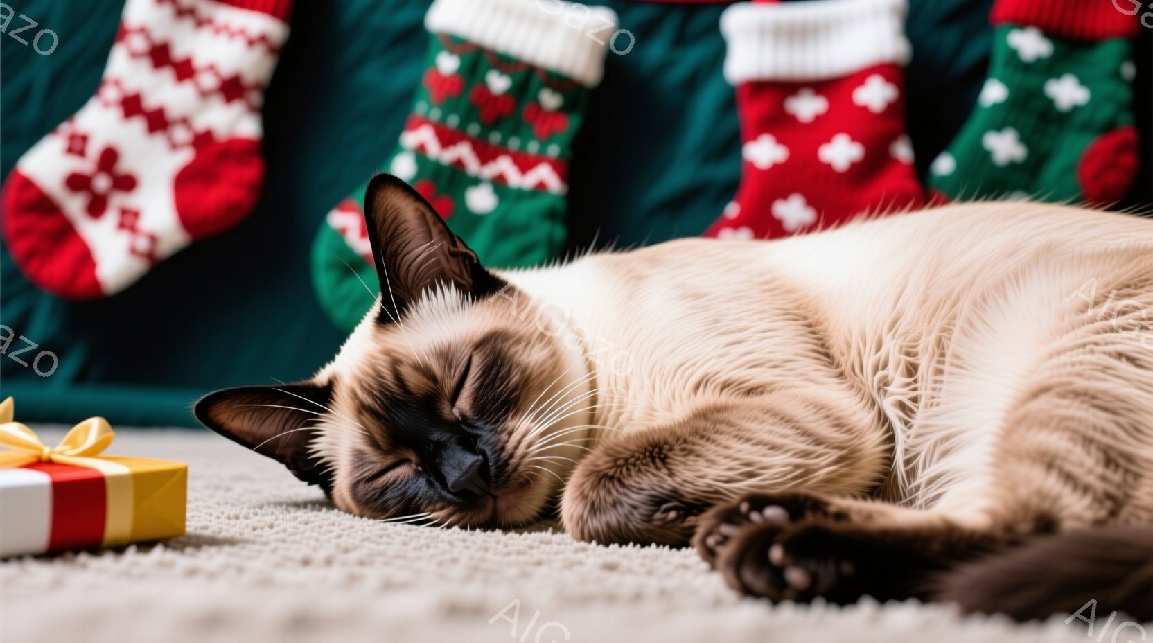 シーマル猫が柔らかいカーペットの上で丸まって眠っています。背景には緑色の壁と、クリスマス柄の靴下が並んでいます。プレゼントボックスが猫の隣に置かれ、穏やかで温かいクリスマスの雰囲気が漂っています。 - AI生成フリー素材