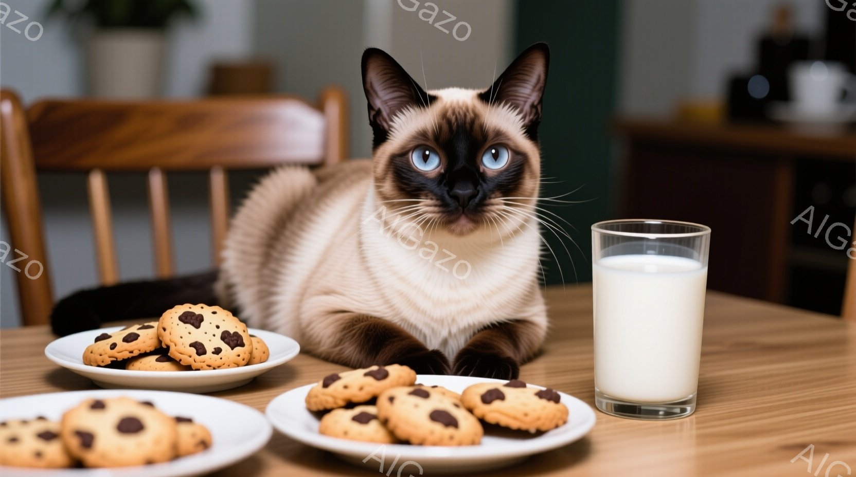 テーブルの上には、チョコレートチップクッキーが盛られた皿が三枚と、グラスに入った牛乳が置かれています。その中央には、美しいブルーの瞳を持つクリーム色のシャム猫が横たわり、リラックスした様子で正面を見つ - AI生成フリー素材