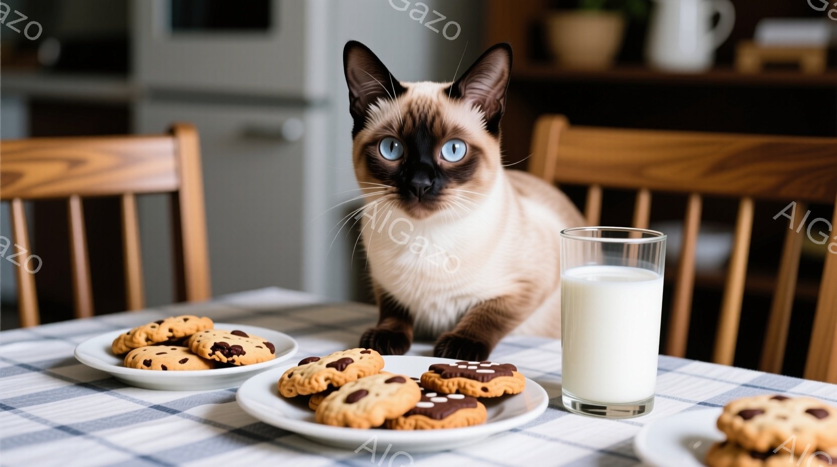 明るいキッチンテーブルの上に、チョコレートチップクッキーとグラスに入った牛乳が置かれています。テーブルの前に、美しいシャム猫が座り、こちらをじっと見つめています。背景には木製の椅子とキッチンキャビネッ - AI生成フリー素材