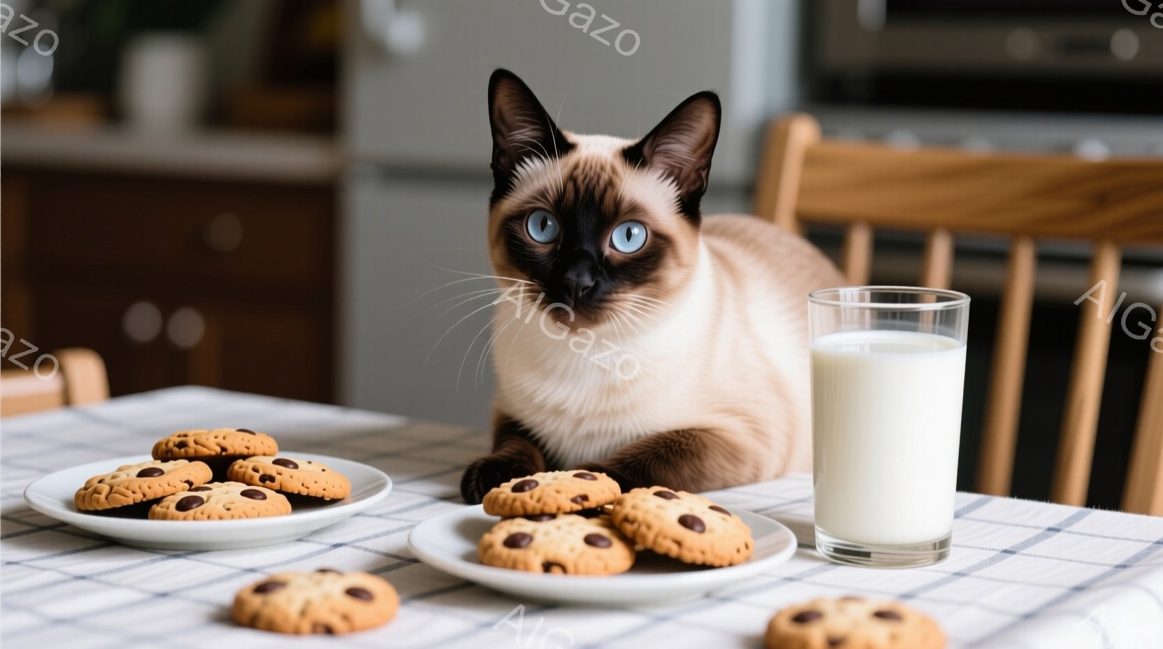 シーマル模様の猫が、チェック柄のテーブルの上に座り、カメラの方を見ています。テーブルの上にはクッキーが盛られたお皿がいくつか、そしてグラスに入った牛乳が置かれています。背景には木製の椅子と、ぼやけたキッチンの様子が見え、温かく優しい雰囲気が漂っています。