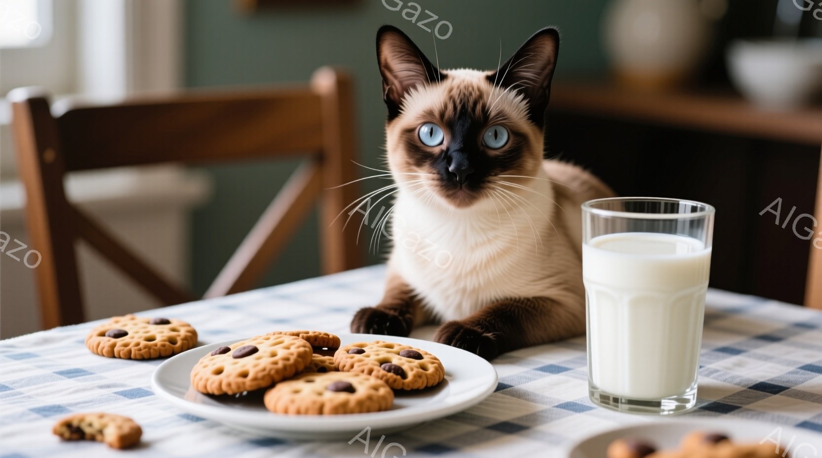 白と茶色のシャム猫がテーブルの上に座り、カメラの方を見ています。テーブルの上には、チョコレートチップクッキーが乗った白い皿と、グラスに入った牛乳があります。背景は控えめで、テーブルクロスと椅子が見え、温かく家庭的な雰囲気を醸し出しています。