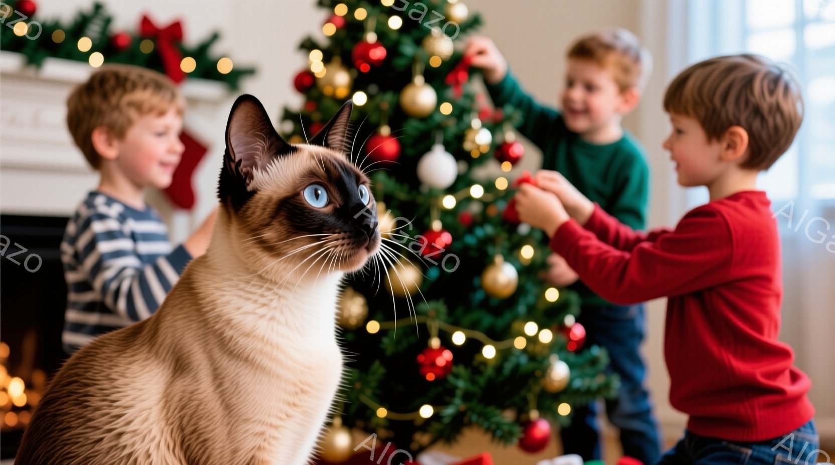 シーロの猫が、クリスマスの飾り付けられたクリスマスツリーの前に座っています。二人の少年はそれぞれ縞模様のセーターと赤いセーターを着ており、クリスマスツリーのオーナメントを飾り付けています。背景には暖炉 - AI生成フリー素材