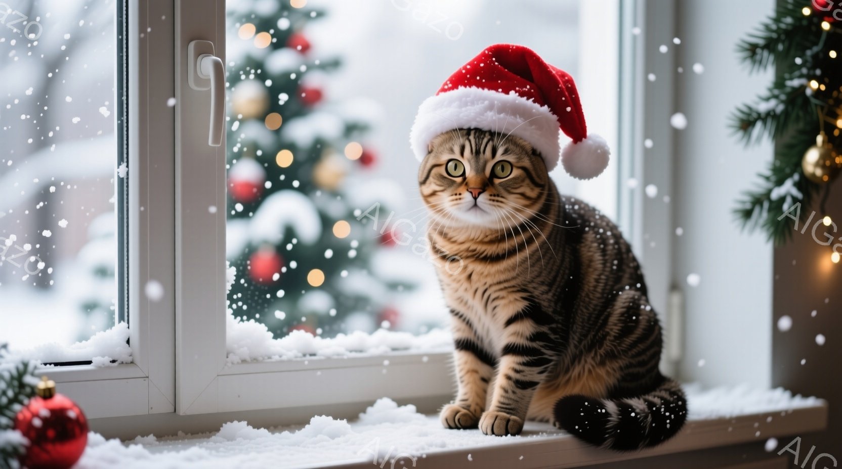 縞模様の猫が赤いサンタ帽をかぶり、窓枠に座ってこちらを見ています。背景にはぼやけたクリスマスツリーと雪景色が広がり、穏やかで温かいクリスマスの雰囲気が漂っています。猫の表情は少しいたずらっぽく、冬の暖 - AI生成フリー素材