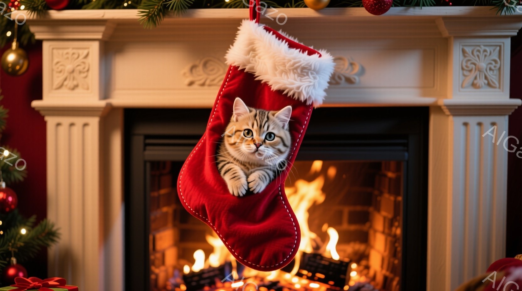 赤いクリスマスストッキングの中に、縞模様の小さな子猫が丸まって座っています。暖炉の炎がストッキングを照らし、背景にはクリスマスツリーの飾りが見えます。全体的に温かく、居心地の良い、クリスマスの雰囲気が - AI生成フリー素材