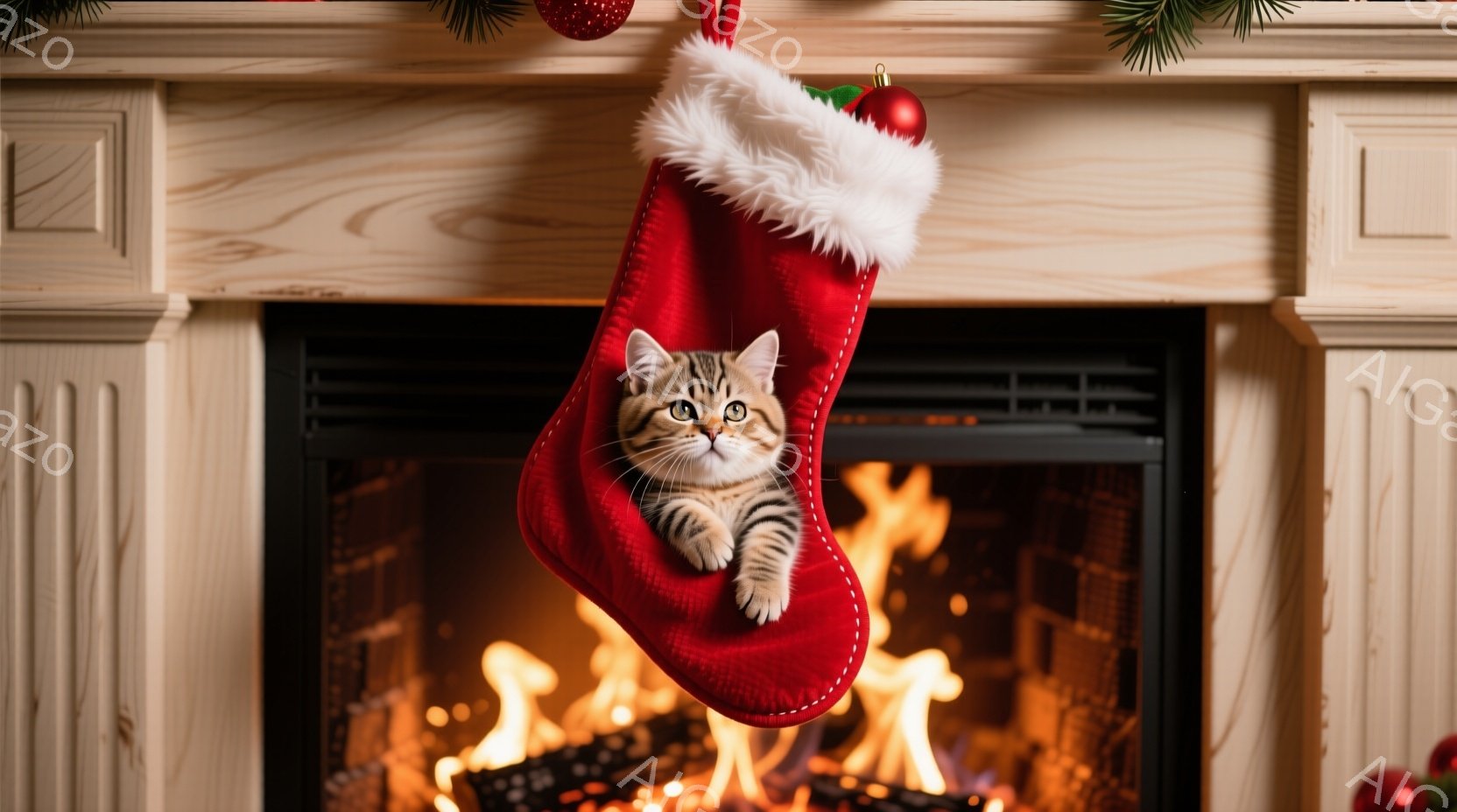 赤いクリスマスストッキングの中に、縞模様の小さな子猫が丸まって座っています。子猫は好奇心旺盛な表情でカメラを見つめており、ストッキングの縁には白いふわふわの毛皮が付いています。背景には暖炉の火が燃え盛っており、クリスマスの装飾が施された心地よい雰囲気を醸し出しています。