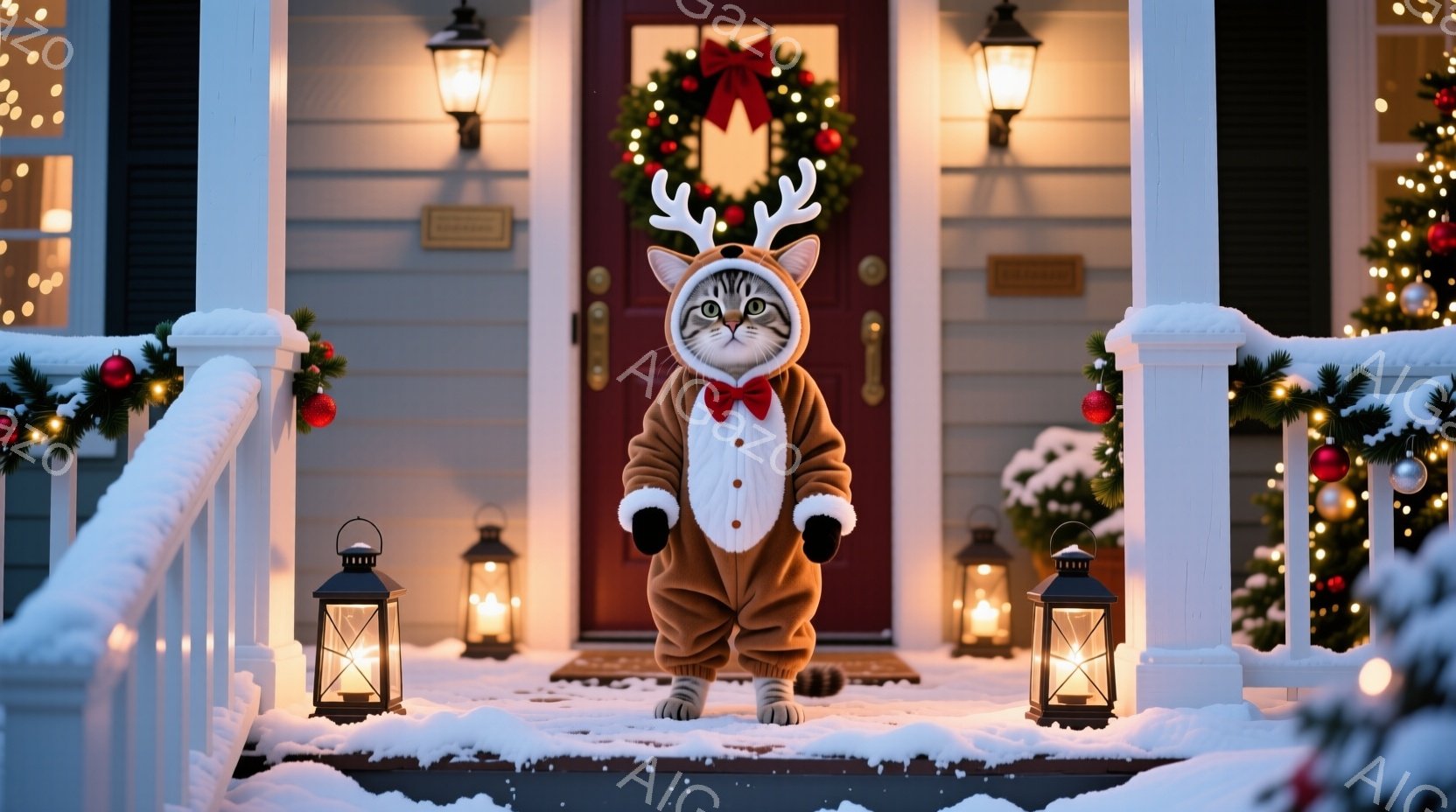 白い背景に、トナカイの衣装を着た猫が正面を向いて立っている。猫はオレンジ色のジャンプスーツのような衣装を着ており、頭には角が生えている。背景にはクリスマス装飾が施された家があり、雪が積もって冬の暖かい - AI生成フリー素材